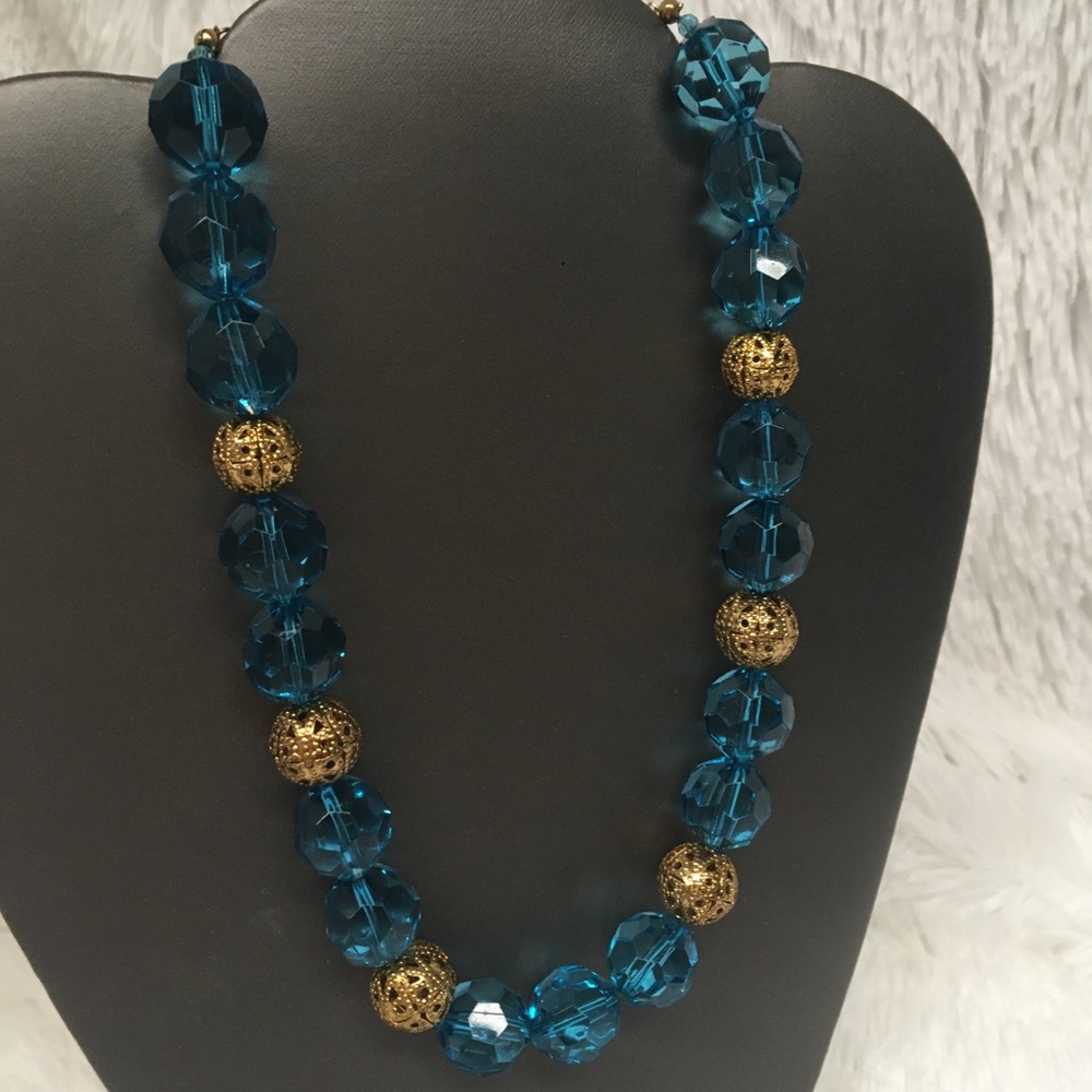 Teal & Gold Beaded Necklace - Picture 4 of 5